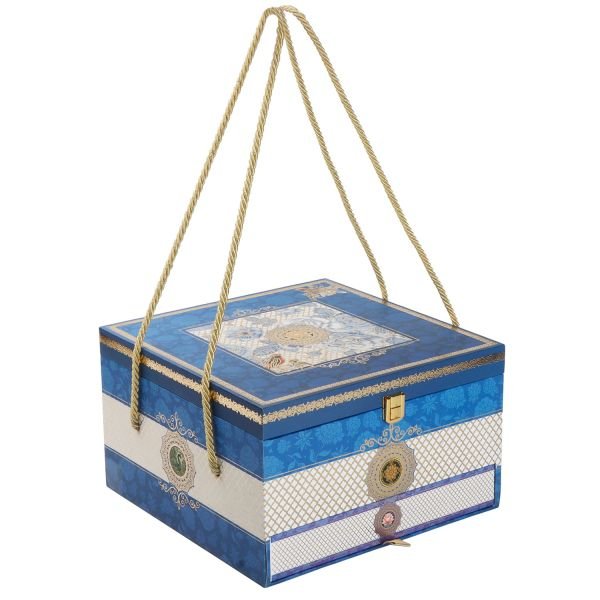 Blue Floral Print MDF Hamper Box with 4 Glass Jars and 16-Cavity Tray