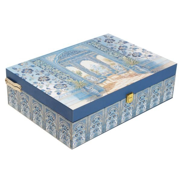 Traditional Blue MDF Hamper Box with 4 Printed Glass Jars and 8-Cavity Tray